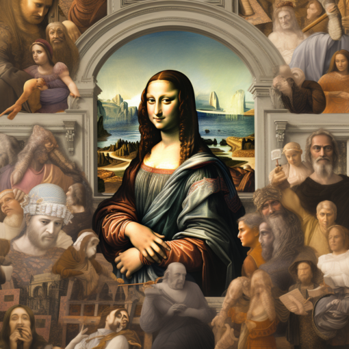 a collage of iconic Renaissance art pieces. At the center is Leonardo da Vinci's Mona Lisa with her enigmatic smile, flanked on one side by Michelangelo's sculpture David, and on the other by Raphael's fresco School of Athens. The collage serves as a visual gateway into the magnificent world of Renaissance art
