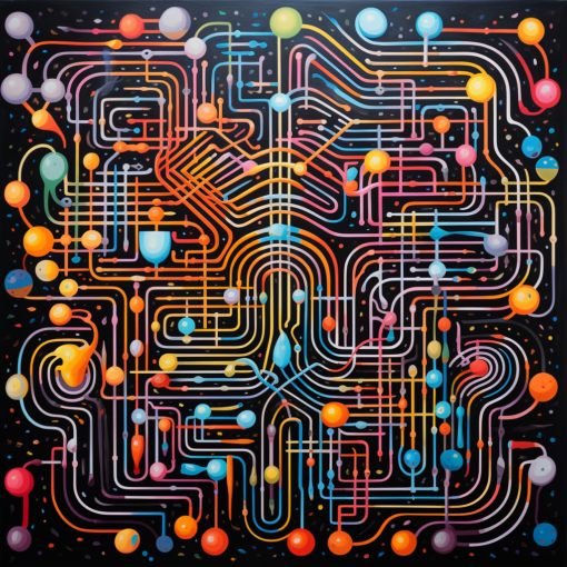 a complex maze filled with multi-colored dots and lines, representing the intricate connections in the brain of an individual with ADHD. The colors highlight the diversity and dynamism inherent in this condition