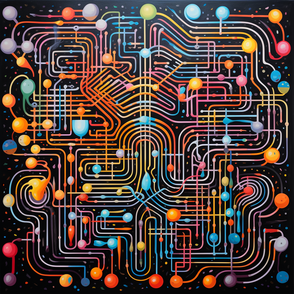 a complex maze filled with multi-colored dots and lines, representing the intricate connections in the brain of an individual with ADHD. The colors highlight the diversity and dynamism inherent in this condition
