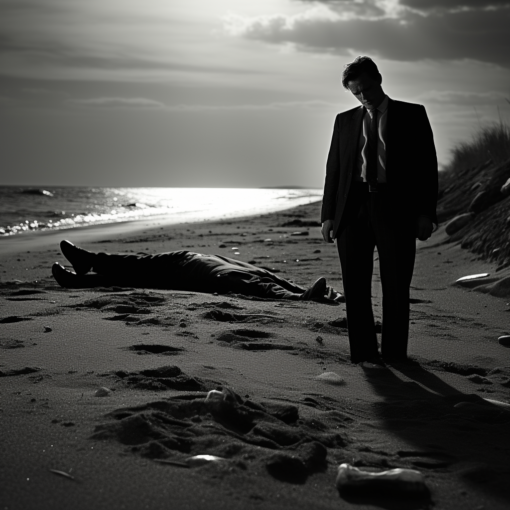 A black-and-white photograph of the crime scene, showing the Somerton Man lying on the beach with his legs crossed and a somber expression on his face. A shadowy figure is seen in the background, adding an eerie ambiance to the image