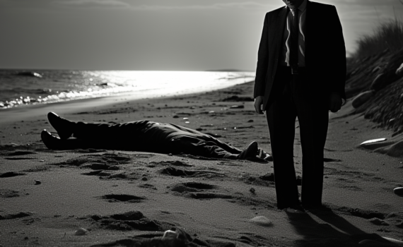 A black-and-white photograph of the crime scene, showing the Somerton Man lying on the beach with his legs crossed and a somber expression on his face. A shadowy figure is seen in the background, adding an eerie ambiance to the image