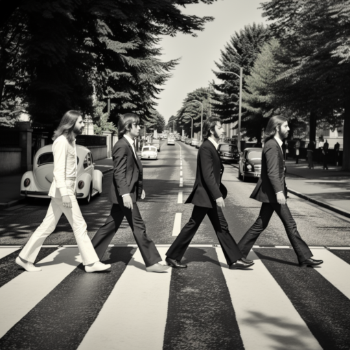 A black and white photograph of The Beatles during the 'Abbey Road' photoshoot. The band members, dressed in their iconic 1960s style, are crossing a zebra crossing, symbolizing their journey together