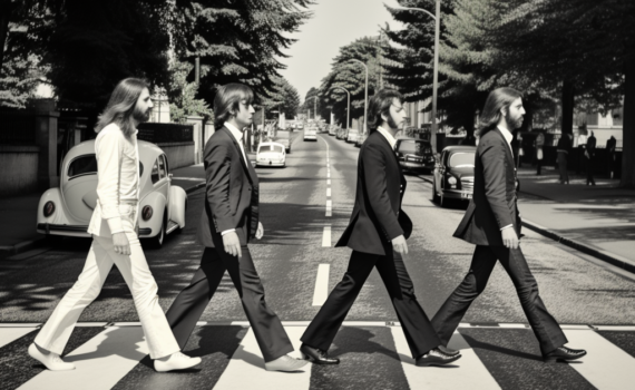 A black and white photograph of The Beatles during the 'Abbey Road' photoshoot. The band members, dressed in their iconic 1960s style, are crossing a zebra crossing, symbolizing their journey together