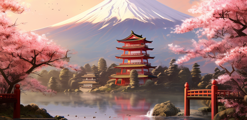 A breathtaking view of Mount Fuji, with cherry blossoms in full bloom in the foreground. The majestic peak reflects in a tranquil lake, while a traditional red Torii gate stands to the side, creating a perfect blend of nature's beauty and Japanese culture