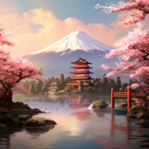 A breathtaking view of Mount Fuji, with cherry blossoms in full bloom in the foreground. The majestic peak reflects in a tranquil lake, while a traditional red Torii gate stands to the side, creating a perfect blend of nature's beauty and Japanese culture