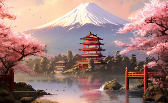 A breathtaking view of Mount Fuji, with cherry blossoms in full bloom in the foreground. The majestic peak reflects in a tranquil lake, while a traditional red Torii gate stands to the side, creating a perfect blend of nature's beauty and Japanese culture