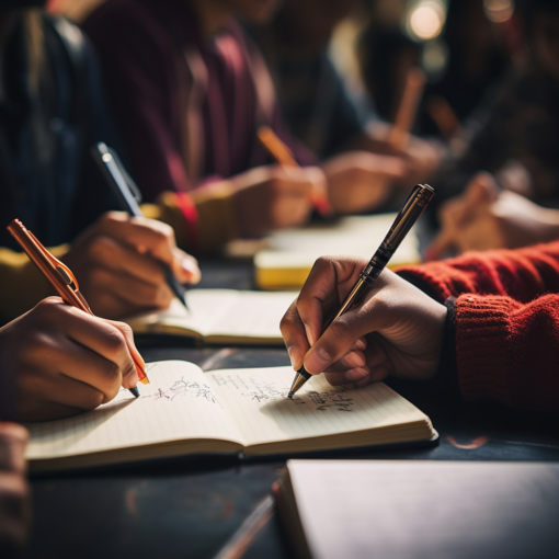 A close-up photo of diverse hands, with one prominent left hand holding a pen, writing on a notebook. The image illustrates the uniqueness of left-handedness in a world dominated by right-handed people