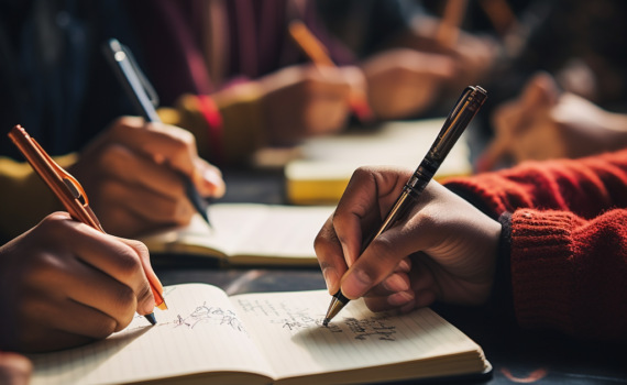 A close-up photo of diverse hands, with one prominent left hand holding a pen, writing on a notebook. The image illustrates the uniqueness of left-handedness in a world dominated by right-handed people