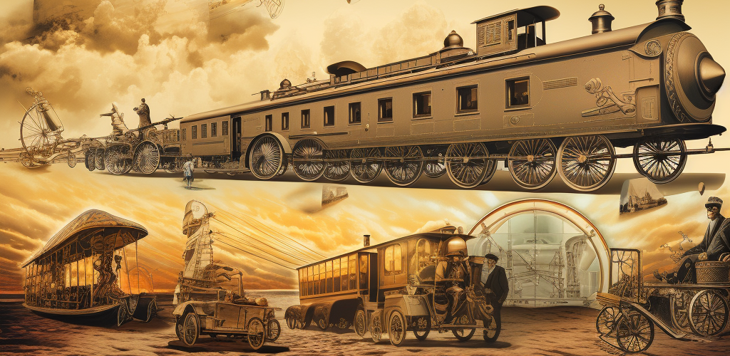 A collage representing the evolution of transportation, showcasing a timeline of images. From the left, there's a depiction of early humans walking, followed by a horse-drawn chariot, a sailing ship, a steam locomotive, a classic automobile, an airplane, and a futuristic spaceship. Each mode of transport represents a significant era in the history of human mobility, blending seamlessly into the next, symbolizing the continuous journey of innovation