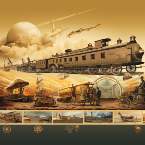 A collage representing the evolution of transportation, showcasing a timeline of images. From the left, there's a depiction of early humans walking, followed by a horse-drawn chariot, a sailing ship, a steam locomotive, a classic automobile, an airplane, and a futuristic spaceship. Each mode of transport represents a significant era in the history of human mobility, blending seamlessly into the next, symbolizing the continuous journey of innovation