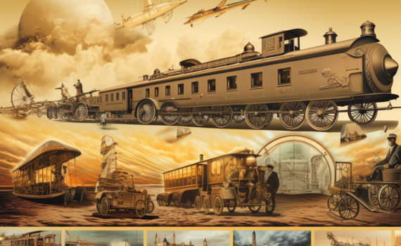 A collage representing the evolution of transportation, showcasing a timeline of images. From the left, there's a depiction of early humans walking, followed by a horse-drawn chariot, a sailing ship, a steam locomotive, a classic automobile, an airplane, and a futuristic spaceship. Each mode of transport represents a significant era in the history of human mobility, blending seamlessly into the next, symbolizing the continuous journey of innovation