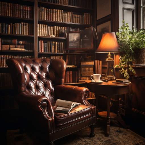 A cozy photograph of Percival's reading nook, filled with rich mahogany bookshelves brimming with well-loved books. An elegant leather armchair is placed beside a vintage reading lamp, with a cup of freshly brewed tea on a nearby table