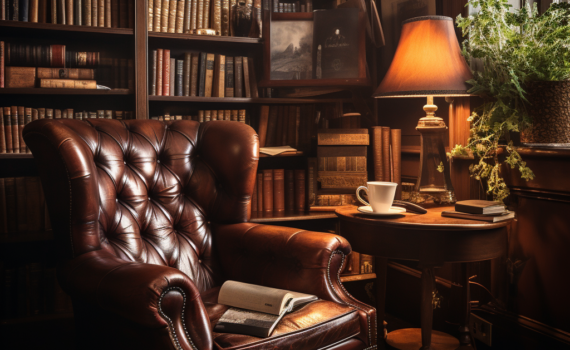 A cozy photograph of Percival's reading nook, filled with rich mahogany bookshelves brimming with well-loved books. An elegant leather armchair is placed beside a vintage reading lamp, with a cup of freshly brewed tea on a nearby table