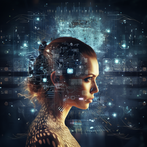 A futuristic image displaying an interface of coding language interwoven with human-like neural connections, symbolizing the convergence of human intelligence and artificial intelligence