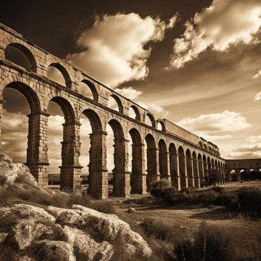 A magnificent sepia-toned photograph capturing the remnants of a Roman aqueduct. This imposing structure stands tall against the backdrop of a cloud-streaked sky, encapsulating the innovative spirit and engineering prowess of the Roman Empire