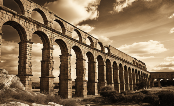 A magnificent sepia-toned photograph capturing the remnants of a Roman aqueduct. This imposing structure stands tall against the backdrop of a cloud-streaked sky, encapsulating the innovative spirit and engineering prowess of the Roman Empire