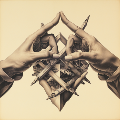 A picture of M.C. Escher's 'Drawing Hands.' The image shows a paradox where two hands, each holding a pencil, seem to be drawing the other into existence on a sheet of paper. The artwork perfectly encapsulates Escher's mastery of optical illusion and paradoxical spaces