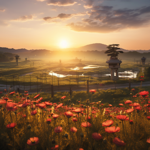 A picturesque panorama of the Korean DMZ at sunset. In the foreground, wildflowers bloom in abundance, while the background showcases watchtowers from both North and South. The setting sun casts a golden hue, symbolizing hope for unity and peace
