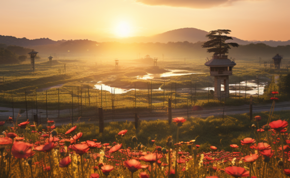 A picturesque panorama of the Korean DMZ at sunset. In the foreground, wildflowers bloom in abundance, while the background showcases watchtowers from both North and South. The setting sun casts a golden hue, symbolizing hope for unity and peace
