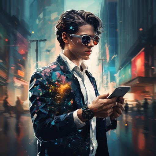 A striking image of a young fashion-forward individual, sporting an elegant smartwatch on one wrist and holding smart glasses in the other hand. The background features a blend of urban cityscapes with digital overlays, symbolizing the fusion of technology and everyday lif