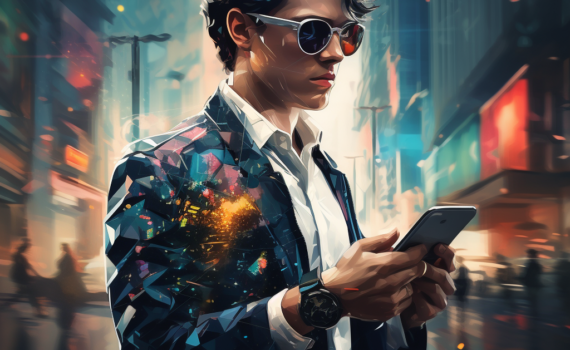 A striking image of a young fashion-forward individual, sporting an elegant smartwatch on one wrist and holding smart glasses in the other hand. The background features a blend of urban cityscapes with digital overlays, symbolizing the fusion of technology and everyday lif