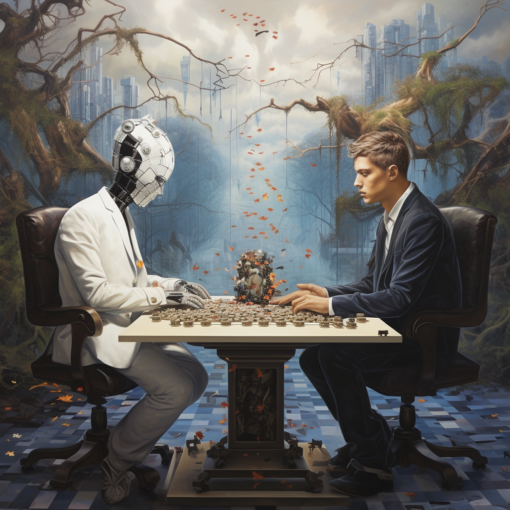 A surrealistic painting depicting a human and a robot sitting opposite each other, engaged in a game of chess. The backdrop is a blend of urban and digital landscapes, with binary code floating like leaves in the wind. The scene captures the intertwining of human and artificial intelligence, suggesting a balanced competition, coexistence, and perhaps even collaboration