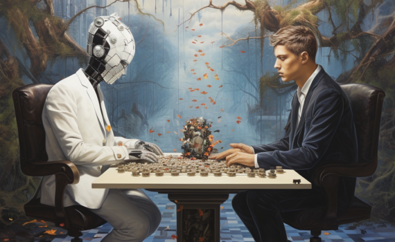 A surrealistic painting depicting a human and a robot sitting opposite each other, engaged in a game of chess. The backdrop is a blend of urban and digital landscapes, with binary code floating like leaves in the wind. The scene captures the intertwining of human and artificial intelligence, suggesting a balanced competition, coexistence, and perhaps even collaboration