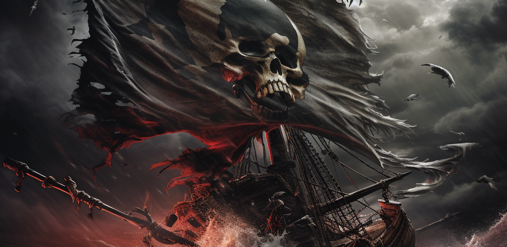 A tattered pirate flag with a menacing skull and crossed swords waves proudly against a stormy sea background. In the distance, you can see the silhouette of a pirate ship, sails billowing, navigating through turbulent waters under a foreboding sky