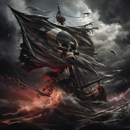 A tattered pirate flag with a menacing skull and crossed swords waves proudly against a stormy sea background. In the distance, you can see the silhouette of a pirate ship, sails billowing, navigating through turbulent waters under a foreboding sky