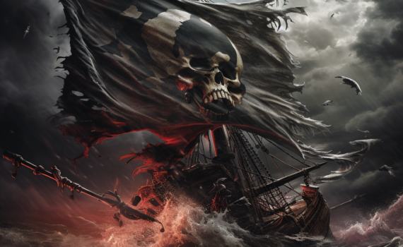 A tattered pirate flag with a menacing skull and crossed swords waves proudly against a stormy sea background. In the distance, you can see the silhouette of a pirate ship, sails billowing, navigating through turbulent waters under a foreboding sky