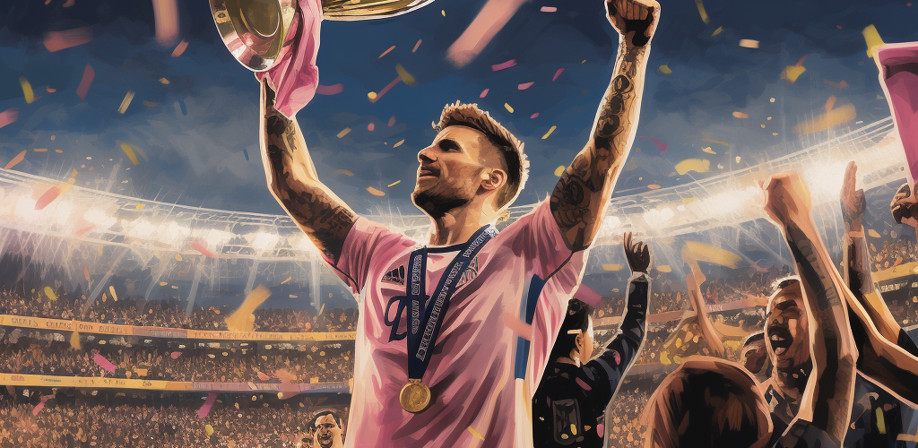 A triumphant Lionel Messi, wearing the Inter Miami jersey, raises a gleaming trophy overhead. Fans in the background are on their feet, cheering ecstatically, their faces painted in the team's colors