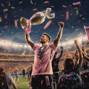 A triumphant Lionel Messi, wearing the Inter Miami jersey, raises a gleaming trophy overhead. Fans in the background are on their feet, cheering ecstatically, their faces painted in the team's colors