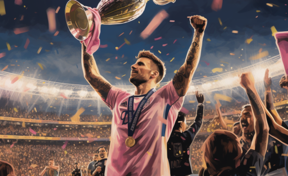 A triumphant Lionel Messi, wearing the Inter Miami jersey, raises a gleaming trophy overhead. Fans in the background are on their feet, cheering ecstatically, their faces painted in the team's colors