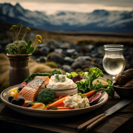 A vibrant photo of a traditional Icelandic dish, featuring freshly caught fish, root vegetables, and a side of creamy Skyr. The backdrop showcases Iceland's stunning landscape — a blend of snowy mountains and lush greenery