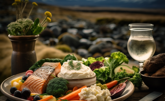 A vibrant photo of a traditional Icelandic dish, featuring freshly caught fish, root vegetables, and a side of creamy Skyr. The backdrop showcases Iceland's stunning landscape — a blend of snowy mountains and lush greenery