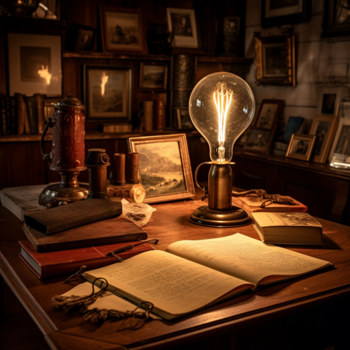 A vintage photograph of a room illuminated by the soft glow of an early Edison light bulb. The filament shines brightly, casting a warm and inviting light on an antique wooden desk filled with books, quills, and parchment, evoking a sense of nostalgia and the beginning of the electric age