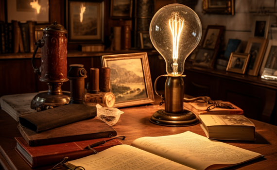 A vintage photograph of a room illuminated by the soft glow of an early Edison light bulb. The filament shines brightly, casting a warm and inviting light on an antique wooden desk filled with books, quills, and parchment, evoking a sense of nostalgia and the beginning of the electric age
