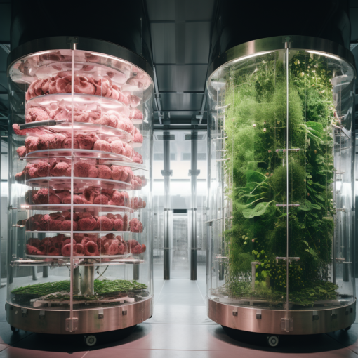 A visually stunning image split into two parts. On the left, there is a view inside a laboratory with lab-grown meat being cultured in a bioreactor. On the right, a vertical farm filled with lush green plants inside a modern building. This juxtaposition captures the essence of innovation in food production