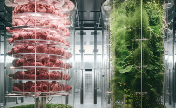 A visually stunning image split into two parts. On the left, there is a view inside a laboratory with lab-grown meat being cultured in a bioreactor. On the right, a vertical farm filled with lush green plants inside a modern building. This juxtaposition captures the essence of innovation in food production