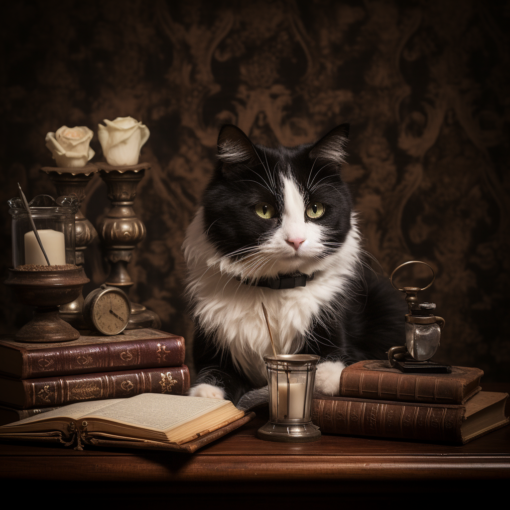 An elegant and thoughtful black-and-white cat, known as Sir Whiskerton, sits on a vintage writing desk beside an old-fashioned quill and inkwell. The cat's eyes are narrowed in contemplation, and its tail curls gracefully around a well-loved book titled "Feline Philosophy." Soft sunlight filters through lace curtains, highlighting the gentle wisdom in Sir Whiskerton's eyes