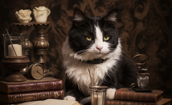 An elegant and thoughtful black-and-white cat, known as Sir Whiskerton, sits on a vintage writing desk beside an old-fashioned quill and inkwell. The cat's eyes are narrowed in contemplation, and its tail curls gracefully around a well-loved book titled "Feline Philosophy." Soft sunlight filters through lace curtains, highlighting the gentle wisdom in Sir Whiskerton's eyes