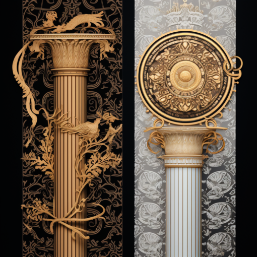 An elegant artwork that juxtaposes two contrasting yet complementary visual elements, representing Eastern and Western philosophy. On the left, an intricate pattern inspired by Eastern motifs, filled with symbolism of balance and harmony. On the right, a classical Greek column symbolizing the rational and analytical foundation of Western thought