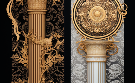 An elegant artwork that juxtaposes two contrasting yet complementary visual elements, representing Eastern and Western philosophy. On the left, an intricate pattern inspired by Eastern motifs, filled with symbolism of balance and harmony. On the right, a classical Greek column symbolizing the rational and analytical foundation of Western thought