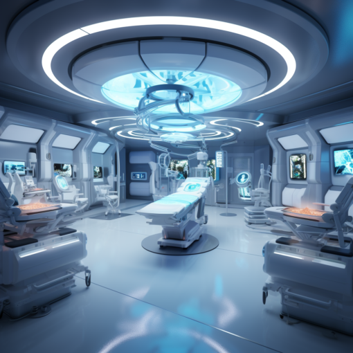 An image depicting a futuristic operating room, where robotic arms guided by AI algorithms are assisting human surgeons. The room is filled with state-of-the-art medical equipment, and the surgical team is intently focused on the procedure