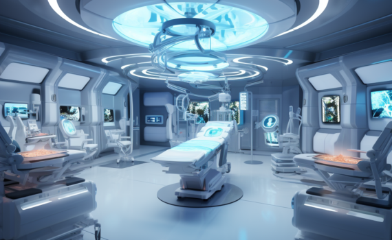 An image depicting a futuristic operating room, where robotic arms guided by AI algorithms are assisting human surgeons. The room is filled with state-of-the-art medical equipment, and the surgical team is intently focused on the procedure