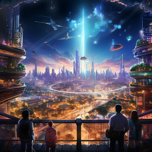 An intriguing illustration of a futuristic cityscape under a starlit sky, with towering buildings, flying vehicles, and people clad in futuristic attire. A portal in the foreground seems to beckon the viewer into this world of wonder and possibility