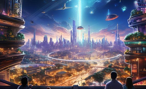An intriguing illustration of a futuristic cityscape under a starlit sky, with towering buildings, flying vehicles, and people clad in futuristic attire. A portal in the foreground seems to beckon the viewer into this world of wonder and possibility